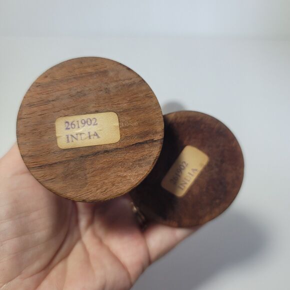 Pair Etched Wood Candlesticks 8" Thin, stars, swirls Made In India Vintage MCM - Picture 7 of 8